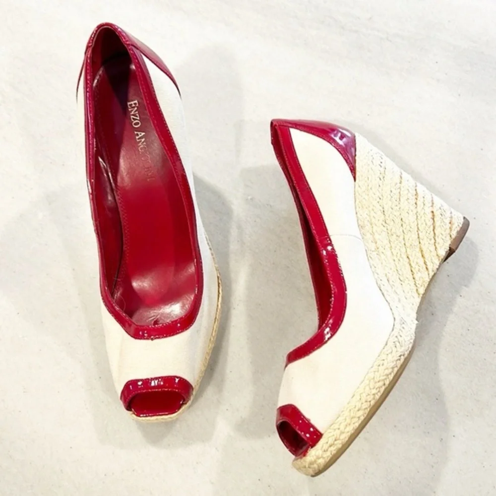 Enzo Angiolini Wedges Espadrille red and tan Patent Leather heels size 7.5